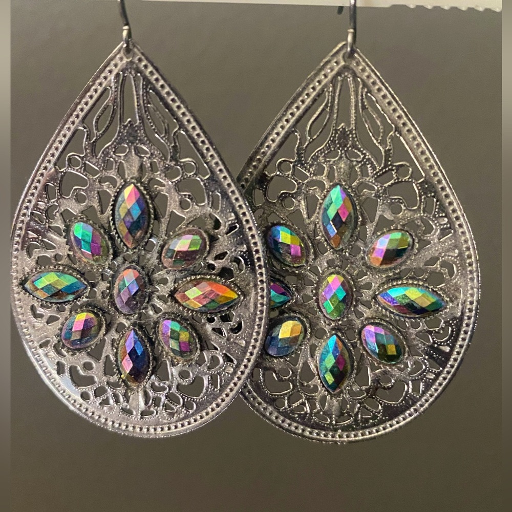 Large Dangle Embossed Teardrop Earrings Accented with Iridescent Rhinestones